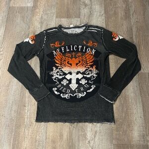 Y2K Affliction Black and Orange Graphic Long Sleeve Shirt Grunge Emo Goth Punk